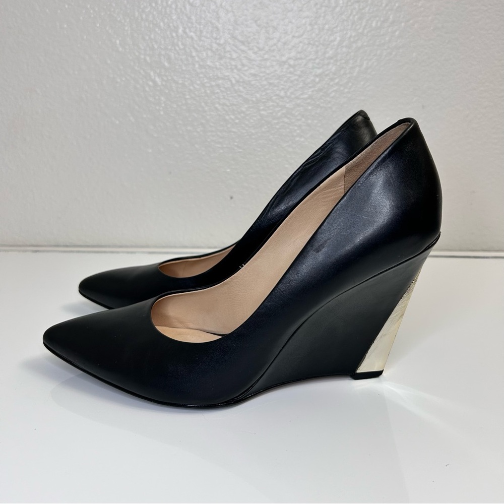 Guess by Marciano Black Leather Pointed-Toe Wedge Pumps with Gold Accent